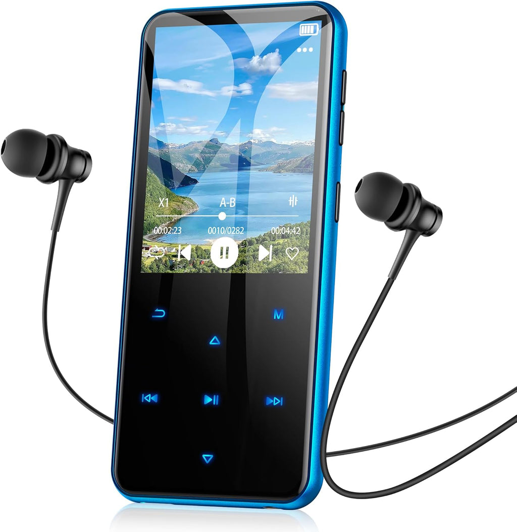 Reproductor MP3 AGPTEK de 64 GB con Bluetooth, modelo M3 de 2,4 pulgadas con altavoz y radio FM, botones táctiles, compatible con hasta 128 GB (azul).