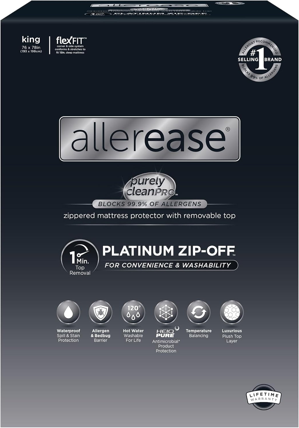 Protector de colchón impermeable AllerEase Platinum Zip-Off Top King con cremallera de 360 grados, barrera antipartículas, superficie superior de felpa de lujo que equilibra la temperatura, lavable a máquina por separado (blanco).