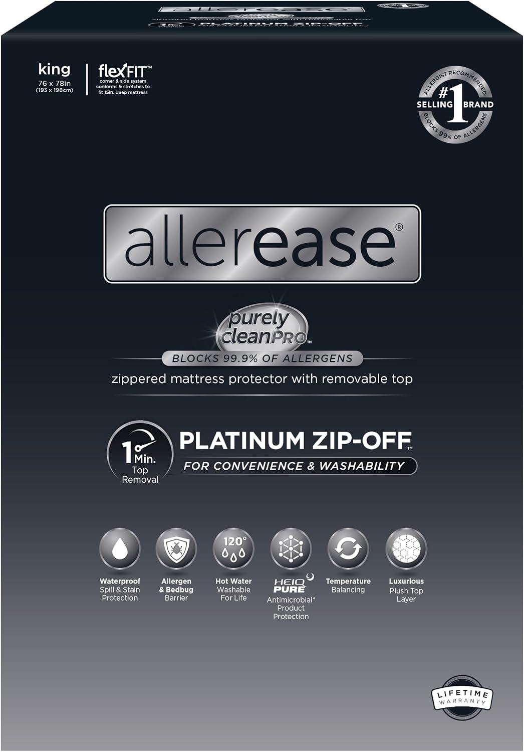 Protector de colchón impermeable AllerEase Platinum Zip-Off Top King con cremallera de 360 grados, barrera antipartículas, superficie superior de felpa de lujo que equilibra la temperatura, lavable a máquina por separado (blanco).
