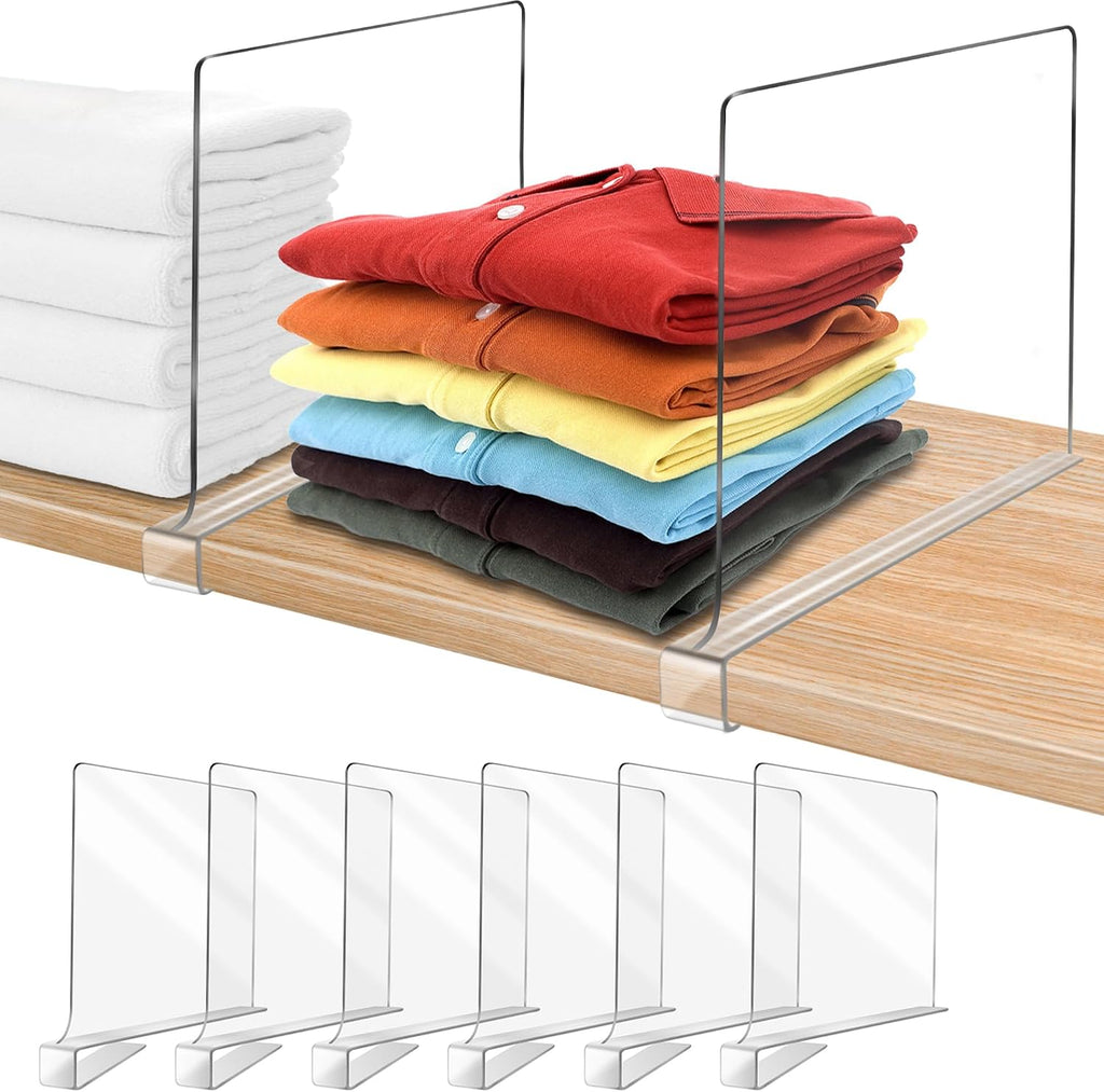 Divisores de Estante Transparentes Extra Altos 12 pulgadas | Pack de 6 para Organizacion de Closet, Acrilico Ajustable para Bolsos, Sueteres y Ropa