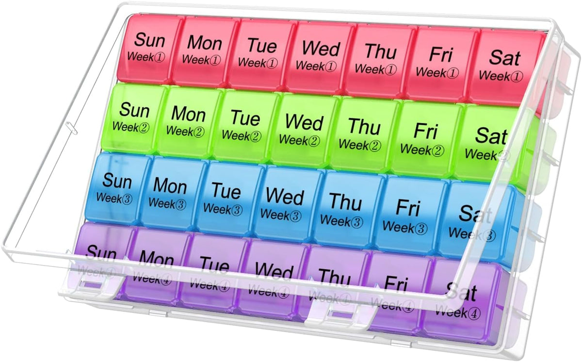 Organizador de pastillas mensual grande, estuche para 28 días con compartimentos extragrandes, estuche a prueba de polvo para 4 semanas, recordatorio de medicamentos, contenedor de viaje portátil (rojo-verde-azul-morado)
