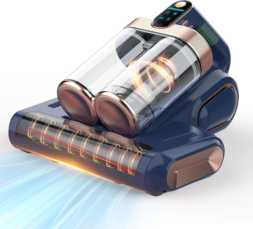 Aspiradora Inalámbrica para Colchones 16 kPa – Luz UV-C 253.7nm, Filtro HEPA y Ultrasonido, Portátil para Colchón, Sofá y Cuna, Color Azul y Dorado
