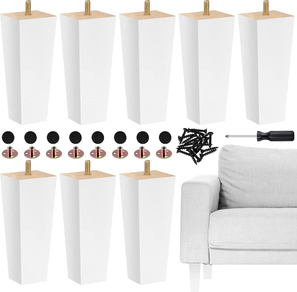 TURSTIN Set of 8 Wood Furniture Legs 6 Inch Square Solid Wood Sofa Legs with M8 T-Nuts Natural Wooden Couch Leg Replacement Leg for Furniture Armchair Bed Dresser Cabinet or DIY Projects, White