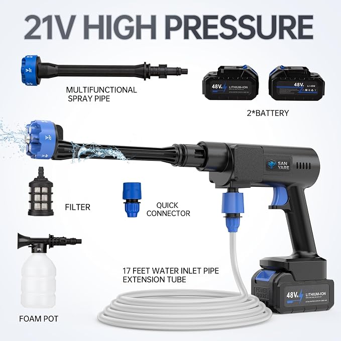 Hidrolavadora inalámbrica de 1200 PSI, portátil, con 2 baterías recargables de 20000 mAh, 6 modos ajustables, herramientas ligeras, boquilla 6 en 1 para coche/valla/jardín/suelo/patio.