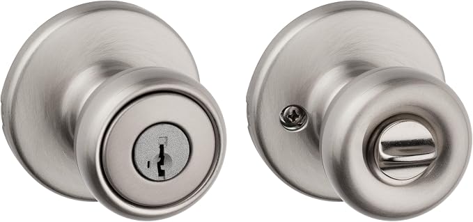 Kwikset Tylo Pomo de puerta de entrada con cerradura y llave, manija segura con llave para exteriores, entrada frontal y dormitorio, níquel satinado, SmartKey resistente a la manipulación y Microban