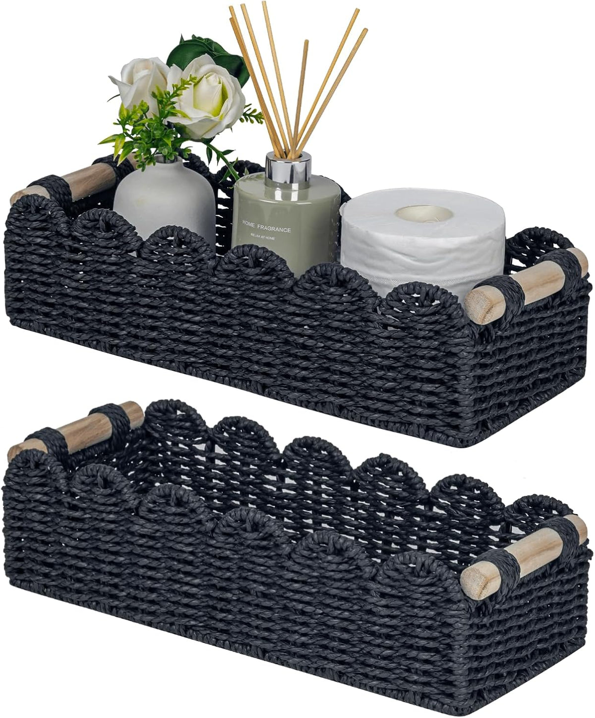 Organizador de baño CubesLand, cestas para guardar papel higiénico en el tanque del inodoro (paquete de 2), cesta decorativa festoneada para encimera con asa, cesta de mimbre para decoración de baño, hogar y sala de estar, color negro.