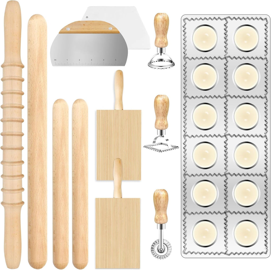 Set de 12 Herramientas para Hacer Pasta Artesanal – Ravioli, Gnocchi, Ricer y Mas, Madera y Acero Inoxidable