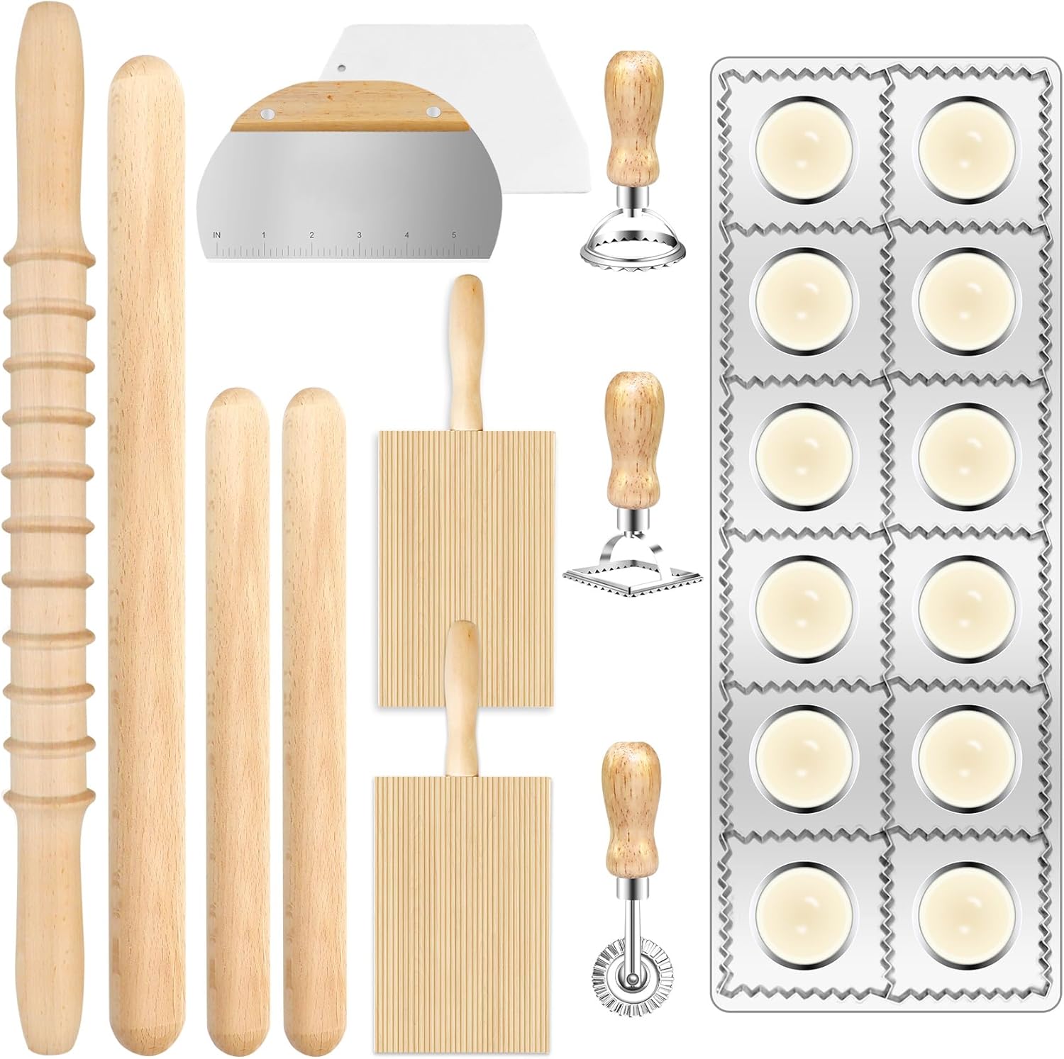 Set de 12 Herramientas para Hacer Pasta Artesanal – Ravioli, Gnocchi, Ricer y Mas, Madera y Acero Inoxidable