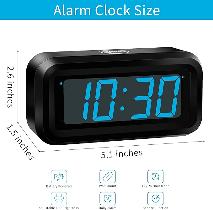 KWANWA Reloj Despertador, Reloj Digital, Pantalla Constantemente de Dígitos LED Azules de 1.2'', Funciona con Baterías, Repetición, Reloj de Pared Pequeño, Reloj de Escritorio, Reloj para Dormitorio