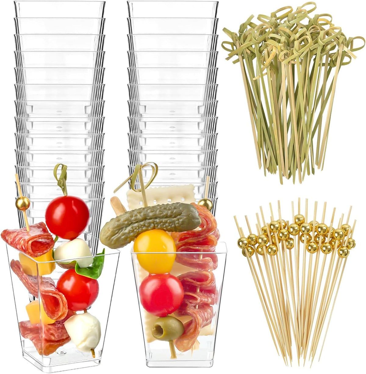 Zezzxu 50 juegos de vasos de plástico de 142 g (5 oz) para charcutería con 100 palillos, vasos cuadrados para aperitivos con palillos para cóctel, mini vasos para servir en fiestas para frutas, snacks y postres.