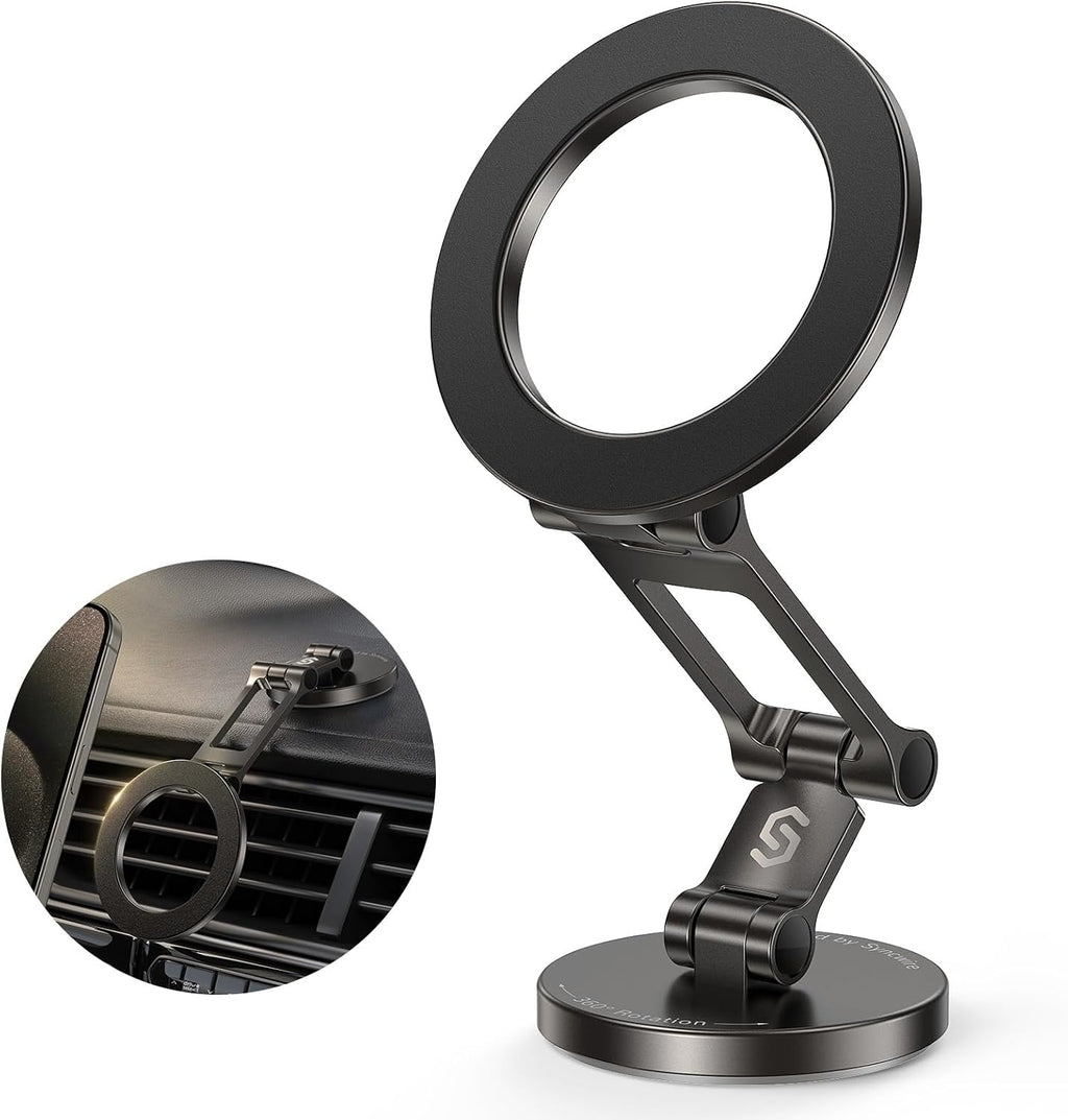 Soporte magnético para coche Syncwire compatible con MagSafe para salpicadero y pantalla Tesla [Totalmente metálico] Soporte magnético para teléfono, [Tres ejes flexibles] Rotación de 360° Soporte para coche con imanes potentes Soporte para teléfono para