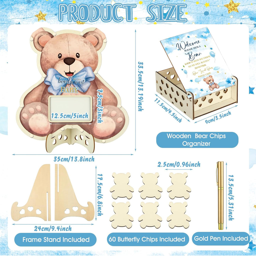 Wenqik Juego de 63 Piezas de Alternativas de Libro de Invitados de Oso para Baby Shower, Decoraciones para Baby Shower con Marco de Fotos, Marco de Sonograma, Recuerdo, 60 Rodajas de Madera.