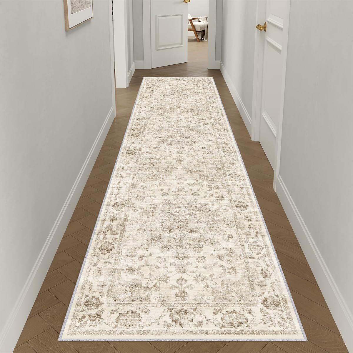 Alfombra lavable WondRg de 3x14 pies, color beige, estilo vintage, para pasillo, cocina, antideslizante, suave, de pelo corto, ideal para dormitorio, baño, lavandería y sala de estar.