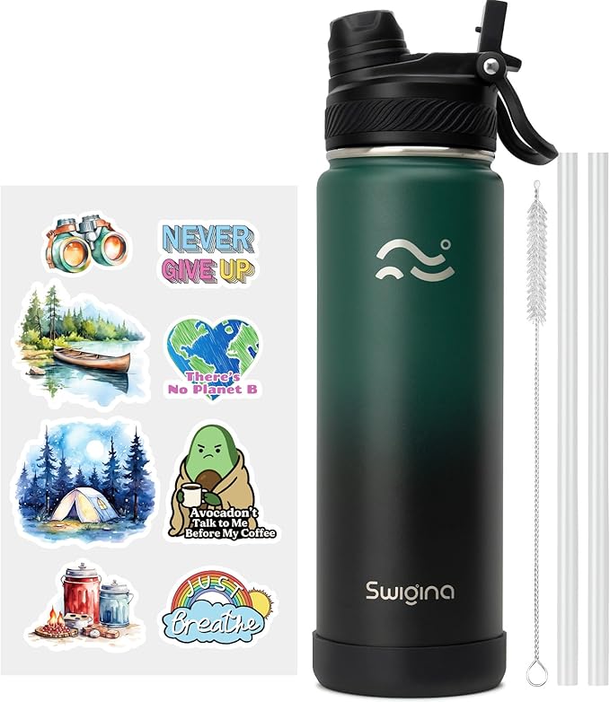 Swigina - Botella de agua con aislamiento y funda de silicona (36 horas fría y 18 horas caliente), con tapa 2 en 1, calcomanías de bricolaje, sin bisfenol A, 24 onzas