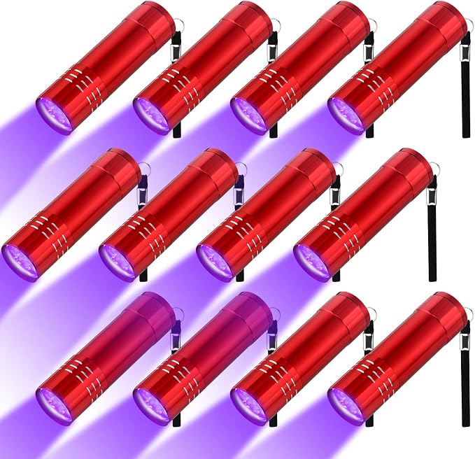 Linternas de luz negra Riakrum, paquete de 12 unidades, LED UV, mini linterna de luz negra portátil, detector de luz UV pequeño, linterna UV de 395 nm con 9 LED, batería no incluida