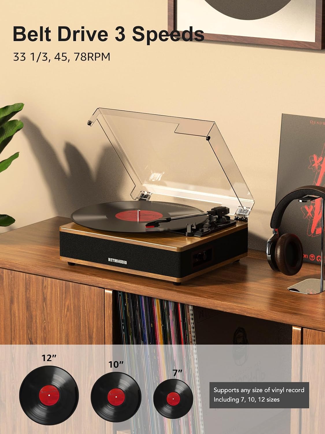 Tocadiscos de vinilo Bluetooth con altavoces estéreo incorporados, transmisión por correa, 3 velocidades, tocadiscos vintage para discos de vinilo, compatible con salida RCA, entrada auxiliar, parada automática, nogal claro
