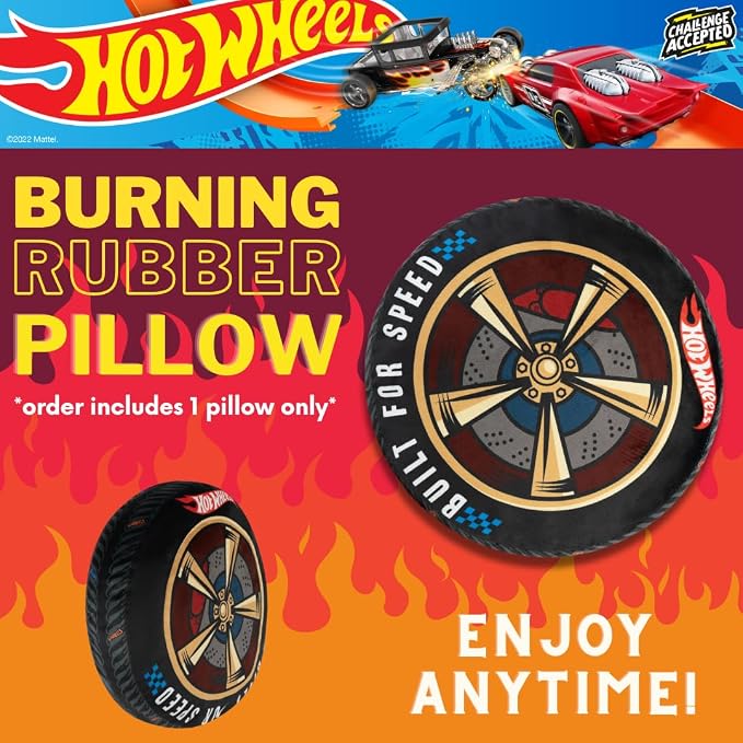 Hot Wheels - Almohada decorativa de felpa para neumáticos de carreras, cojín decorativo para dormitorio de niños, 14 pulgadas, (producto oficial)