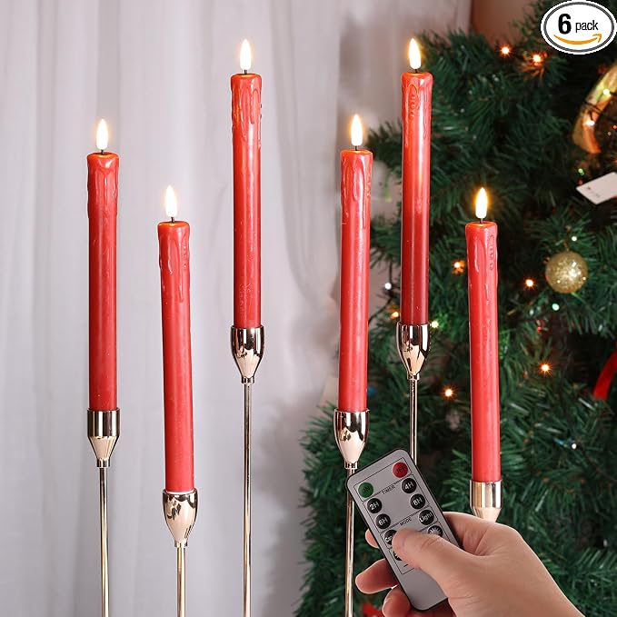 Velas rojas sin llama con control remoto, velas de cera a pilas, parpadeantes para decoración de Navidad, juego de 6 unidades