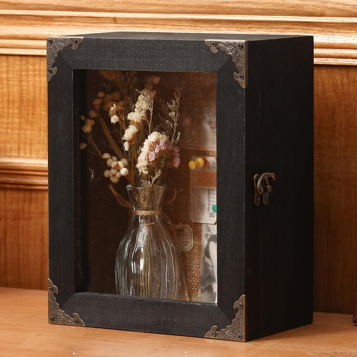 Caja Expositora Cinnvoice 8x10" | Madera Rústica Quemada Negra | Respaldo de Corcho | 4.7" Profundidad | Flores Fotos Boda Recuerdos | 1 Unidad