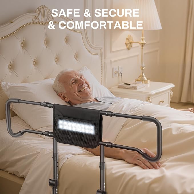 Barandal de Cama para Adultos Mayores con Luz Sensor y Mango Antideslizante Ajustable