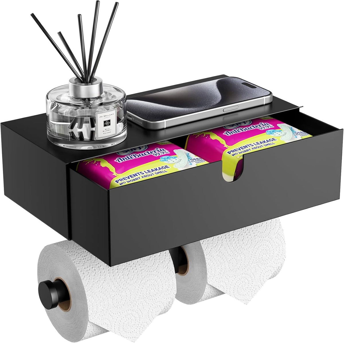 Soporte de Papel Higiénico Doble Tindbea con Estante – Acero Inoxidable, Montaje en Pared, Dispensador Toallitas y Tampones, Negro
