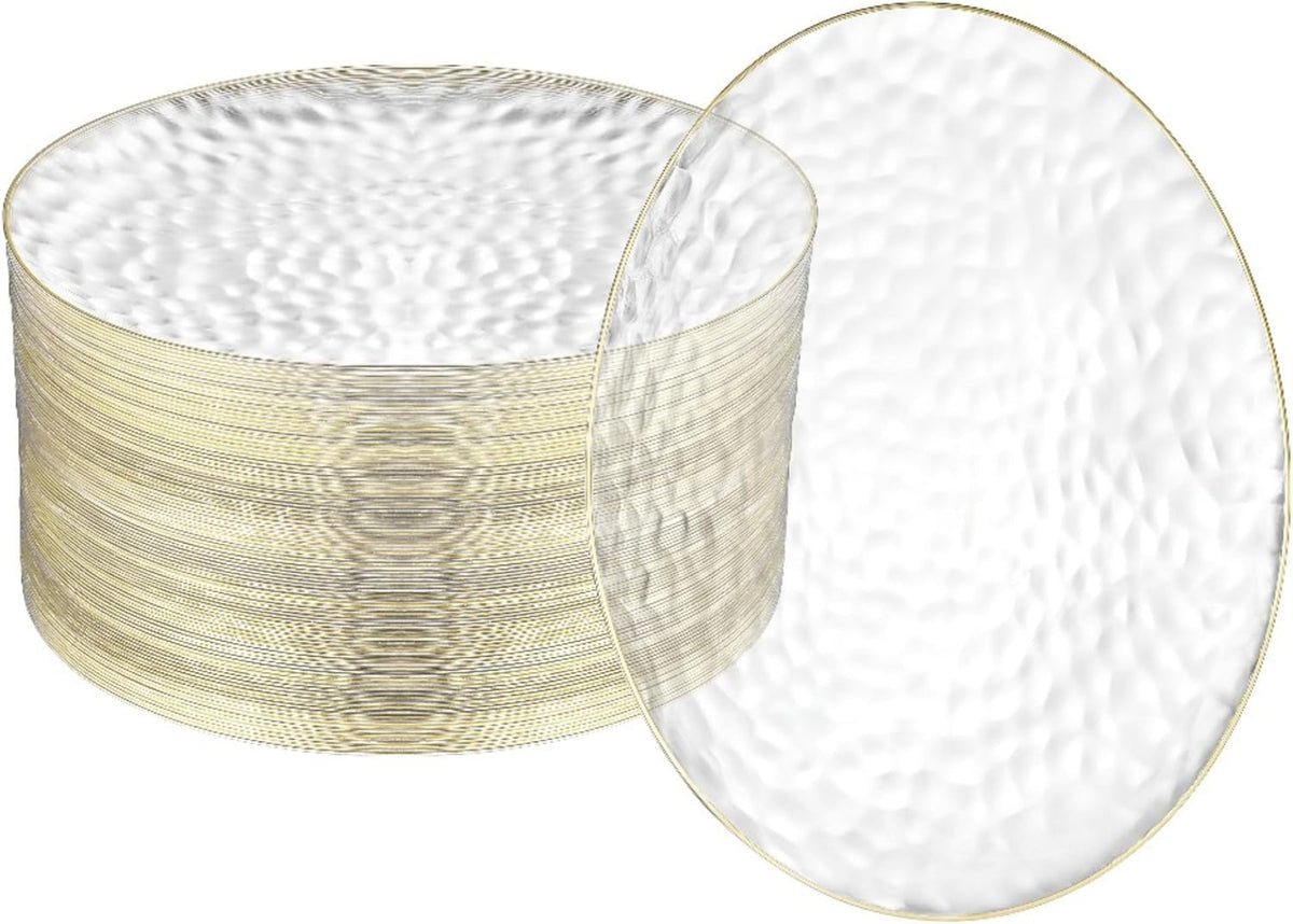 R-kay 100 Platos de Plástico Transparente 18 cm | Borde Dorado Martillado, Resistentes y Extra Fuertes | Platos Desechables para Toda Ocasión