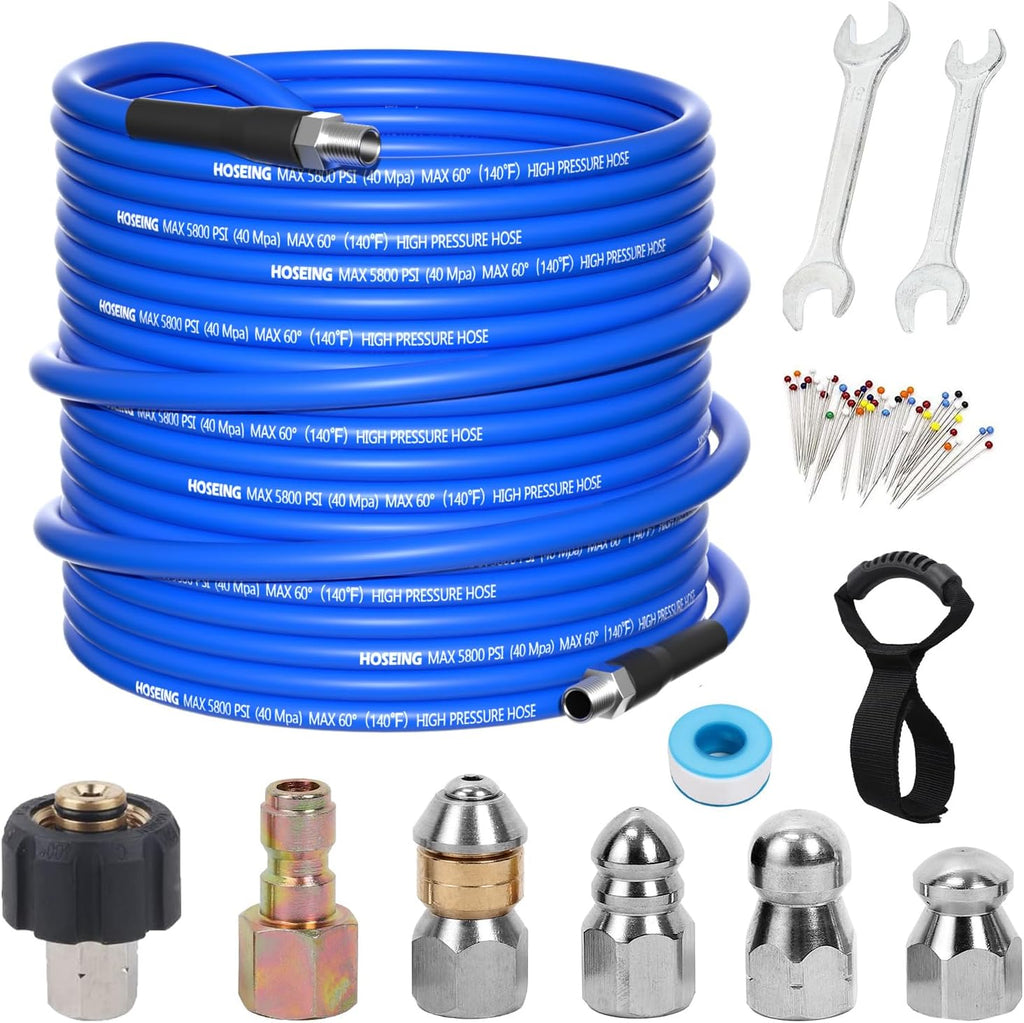NOTA NO CONTIENE ACCESORIOS   Y VIENE EN COLOR NEGRO  Kit Limpieza de Alcantarillas 100 pies para Hidrolavadora | 5800 PSI | Boquilla Rotativa | 1/4 NPT | con Correa