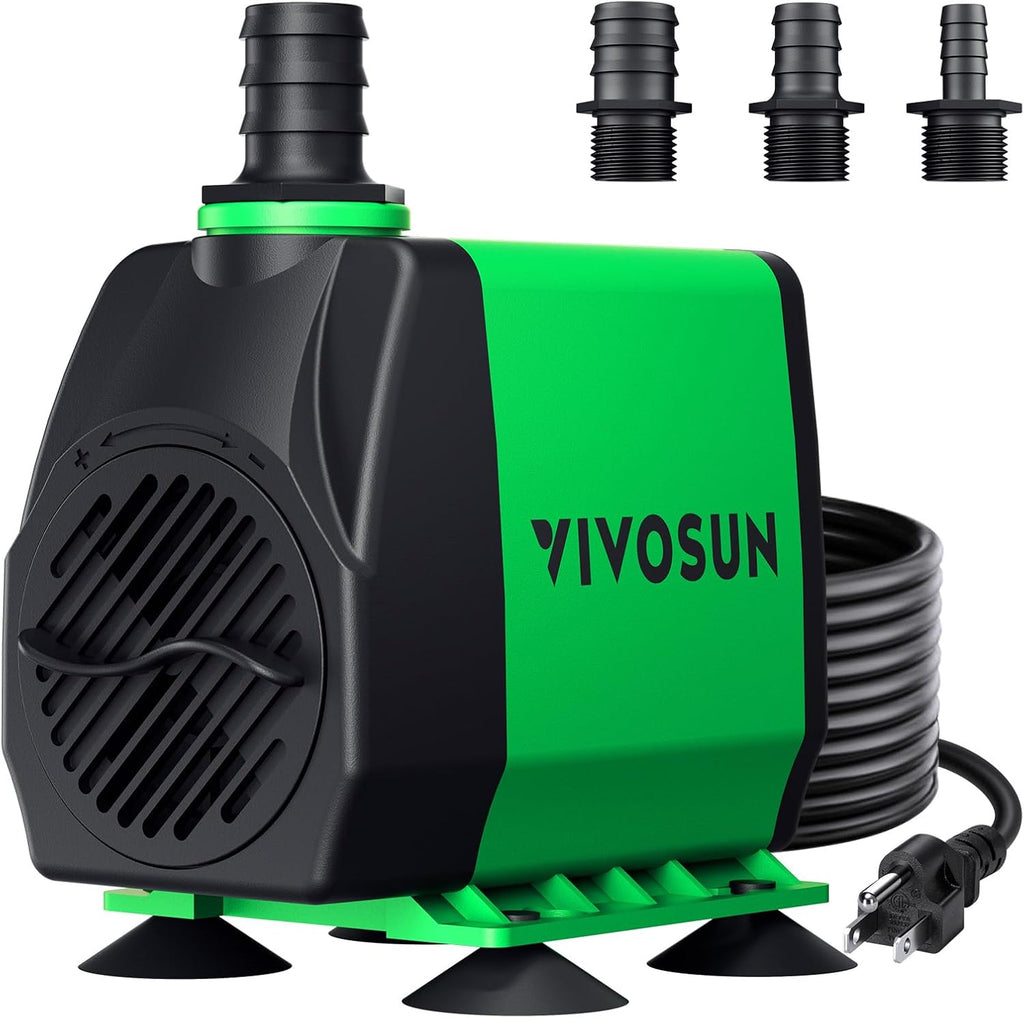Bomba Sumergible VIVOSUN 800 GPH (3000 L/H) – 24W, Ultra Silenciosa, Elevación 3m, 3 Boquillas para Acuario y Estanque