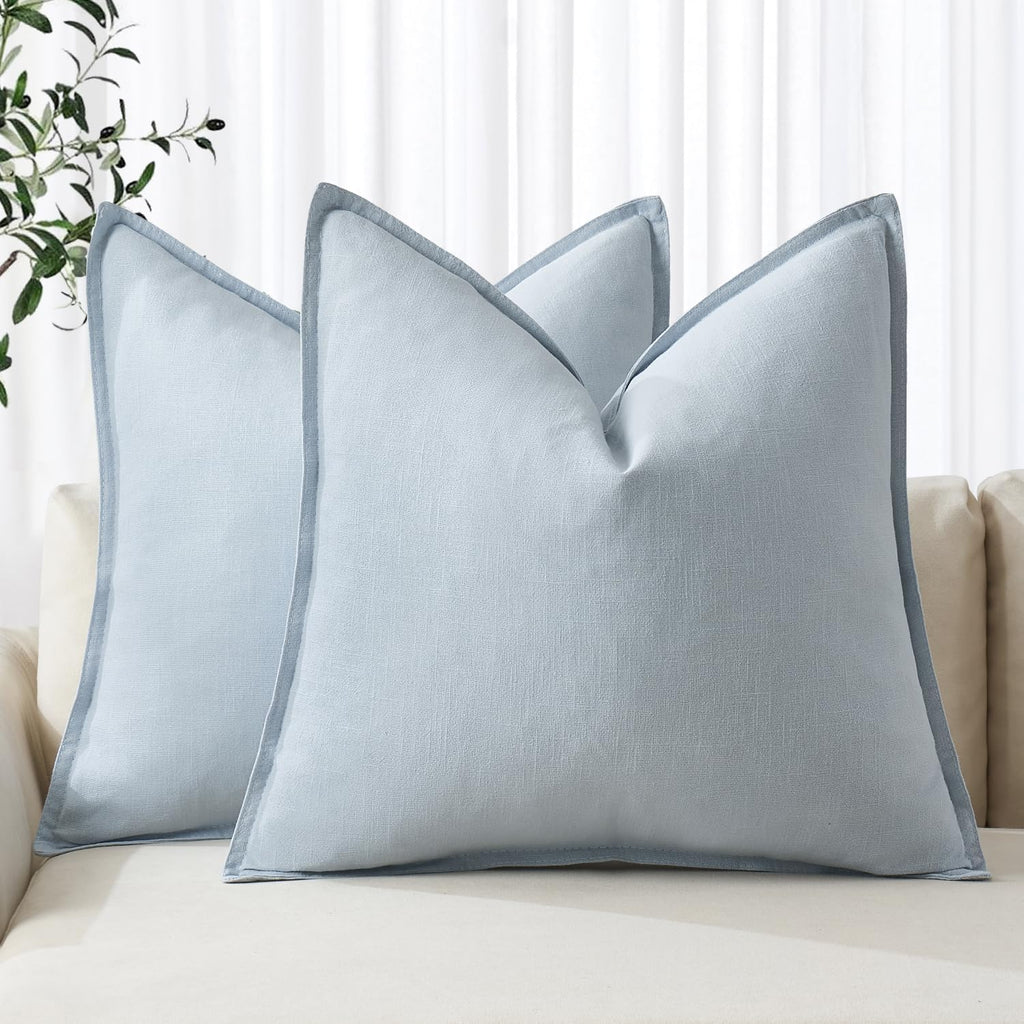 Fundas de almohada decorativas de lino MIULEE Euro Sham 24x24 Azul claro Boho Farmhouse  Cojines neutros para sofá y cama Paquete de 2 Funda de almohada moderna costera de verano Sofá Sala de estar Decoración del hogar