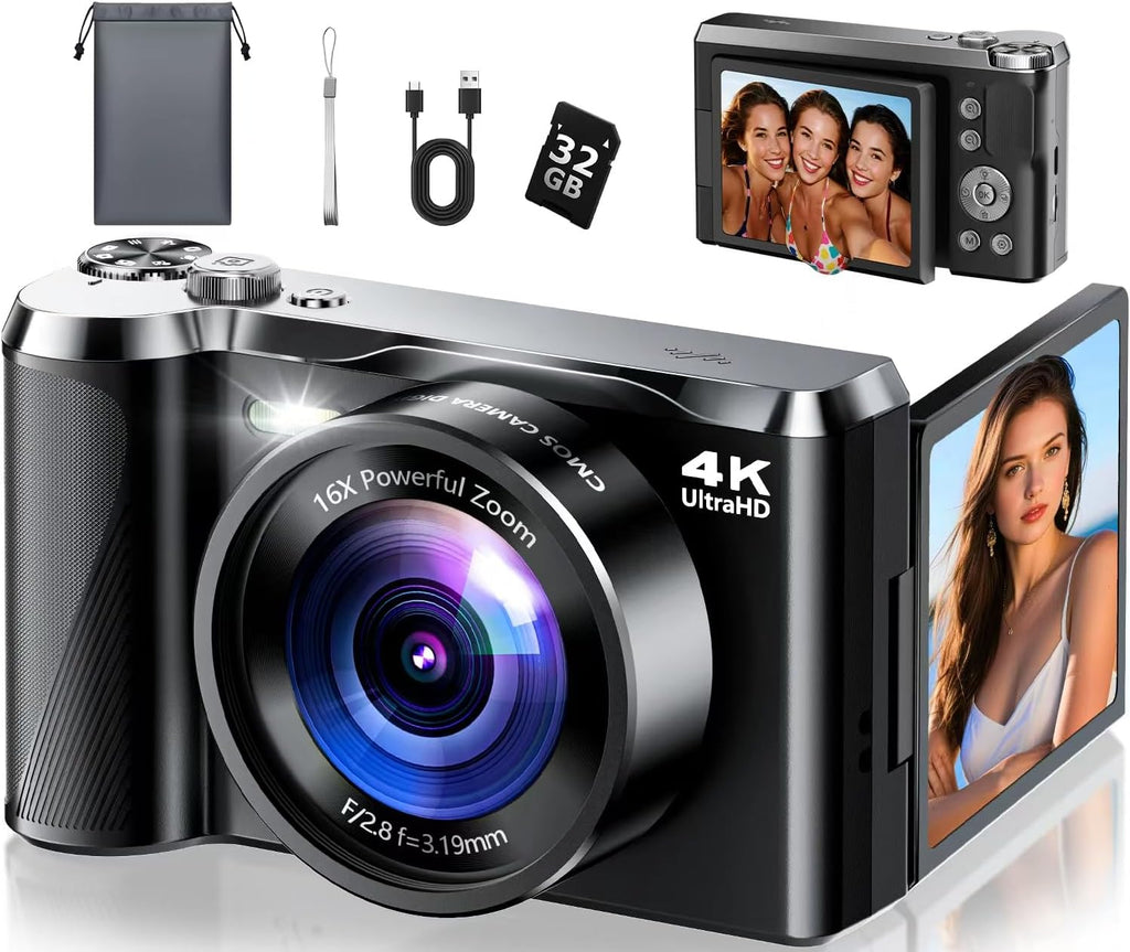 Cámara Digital 4K para Fotografía y Viajes – Video 56MP, Enfoque Automático, Pantalla Plegable, Zoom 16X, Tarjeta 32GB Incluida
