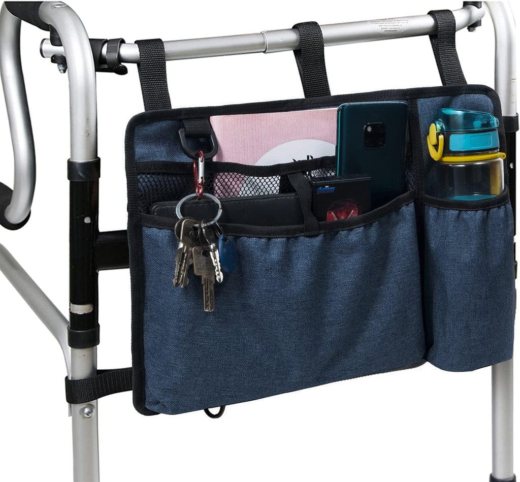 Caroo Bolsa Organizadora para Andadera con Portavasos | para Andaderas Plegables y Rollators | Resistente al Agua con Accesorios para Adultos Mayores (Azul)