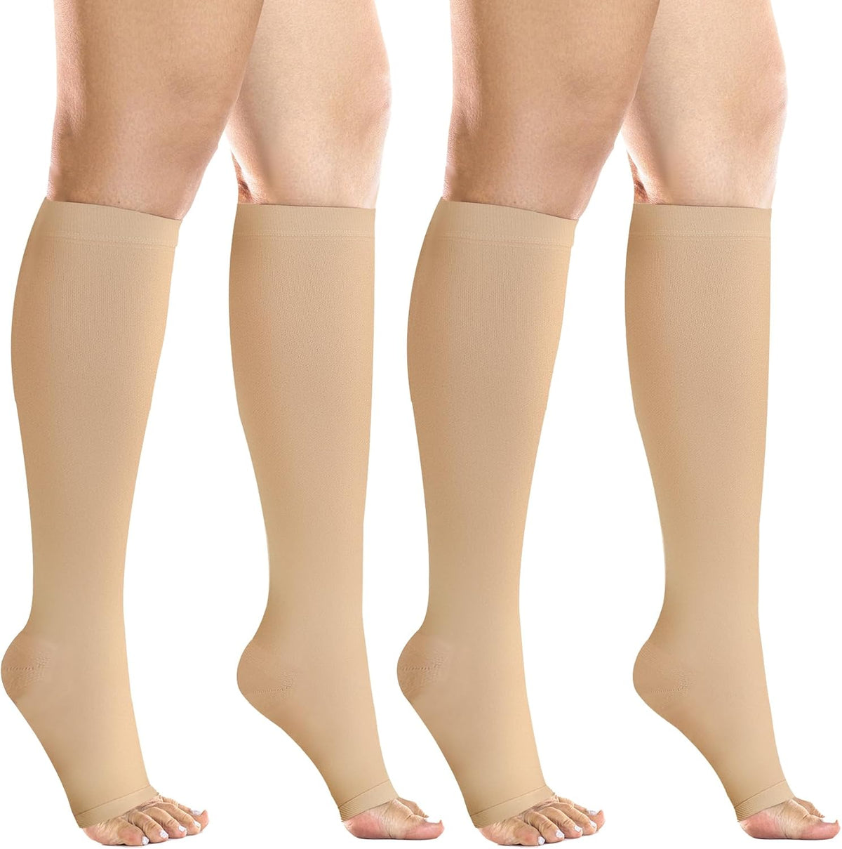 +MD Medias de Compresión 20-30 mmHg 2 Pares | Punta Abierta hasta la Rodilla | Soporte Graduado Color Nude Talla M