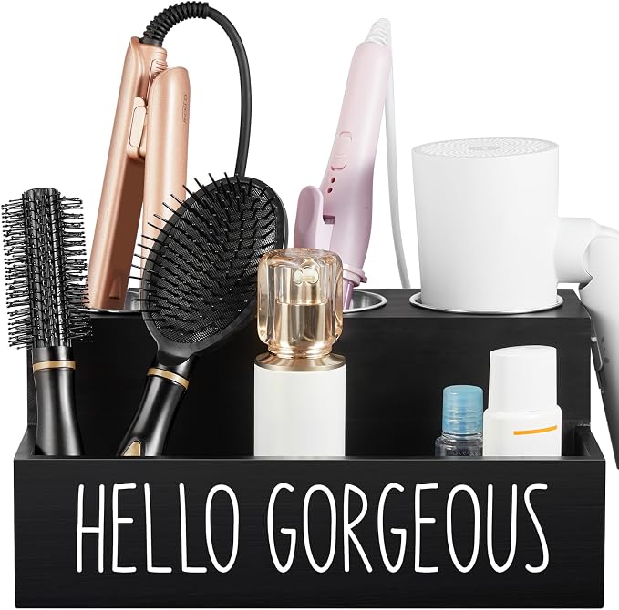 Bivvclaz Organizador de Herramientas para Cabello en Madera | Soporte para Secadora y Rizador | Para Encimera o Pared | Baño y Vanity | Negro
