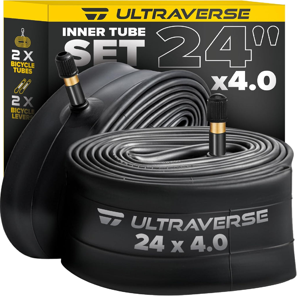 Juego de cámaras de aire Ultraverse 24 x 4.0 con válvula Schrader - Ideal para bicicletas de montaña y bicicletas eléctricas con neumáticos anchos de 24 pulgadas - Rendimiento duradero y fiable - Paquete de 2 con palancas para neumáticos