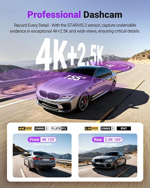 Vantrue S1 Pro Max AI Dash Cam 4K+2.5K con ADAS y BSD, doble STARVIS 2 frontal y trasera, 2 canales HDR Dashcam, visión nocturna PlatePix, WiFi 5G, control de voz, GPS, modo de estacionamiento.