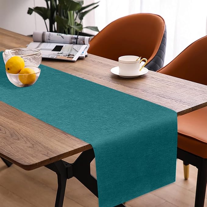 Camino de mesa moderno de primavera, lavable, con aspecto de lino, repelente al agua, ideal para comedor, fiestas y decoración navideña (verde azulado, 40 x 140 cm).