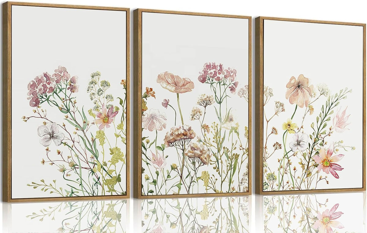 Cuadro decorativo de lienzo con flores silvestres rosas de MTFBWY para la habitación del bebé, imágenes de flores en acuarela para el dormitorio de niñas, juego de 3 láminas estéticas relajantes, 30 x 40 cm.