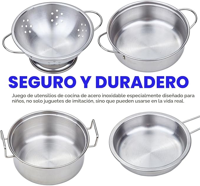 Juego de ollas y sartenes de juguete para niños, juego de cocina de simulación, mini utensilios de cocina de acero inoxidable, juguetes de desarrollo para niños pequeños y niños a partir de 3 años