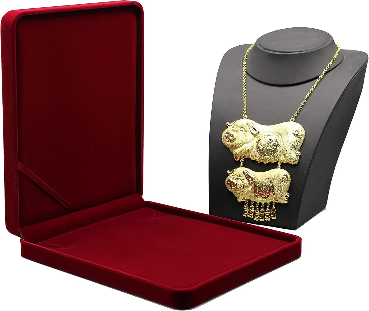 Caja de Terciopelo para Conjunto de Joyas, Collar, Pendientes, Anillo, Pulsera, Estuche de Regalo, Soporte para Joyería de Boda (Rojo Vino para Collar Grueso)
