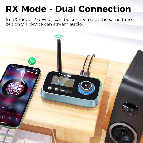 Transmisor y Receptor Bluetooth 5.0 SOOMFON 3 en 1 para TV — 2 Audífonos Simultáneos, Pantalla LCD, Óptica AUX RCA