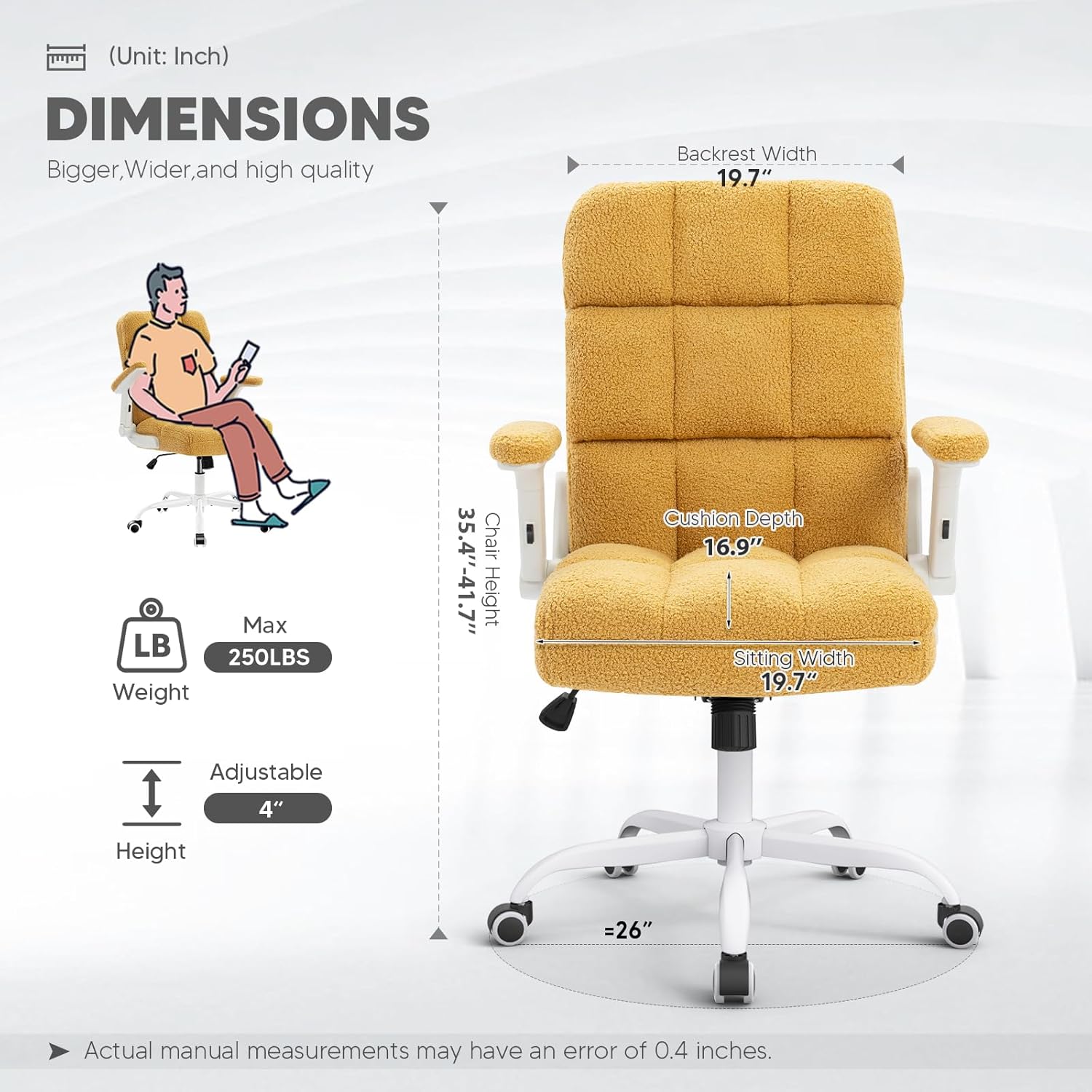 SEATZONE - Silla de oficina ergonómica de tela de terciopelo amarillo, con ruedas y brazos abatibles
