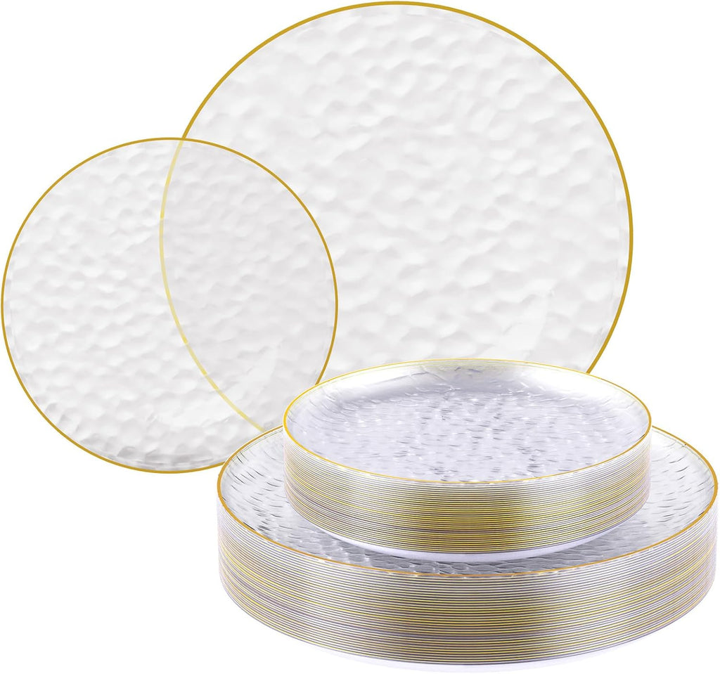 Platos Plástico Transparente FOCUSLINE 60 Piezas, Platos Desechables Transparentes Borde Oro, 30 Platos Ensalada Postre 17.78 cm y 30 Platos Cena 25.4 cm Pesados Martillados para Fiesta, Boda