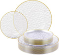 Platos Plástico Transparente FOCUSLINE 60 Piezas, Platos Desechables Transparentes Borde Oro, 30 Platos Ensalada Postre 17.78 cm y 30 Platos Cena 25.4 cm Pesados Martillados para Fiesta, Boda