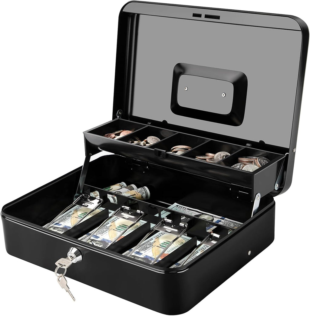Caja Dinero Jssmst Cerradura Llave - 0.7 mm Acero Sólido, Bandeja Monedas Espuma Auto-Pop A Prueba Derrames, 4 Clips Billetes Seguros Dedo, Portátil Negocios Pequeños, 30 x 24 x 9 cm, Negro | ⚠️ Detalle en la tapa, no afecta su funcionamiento