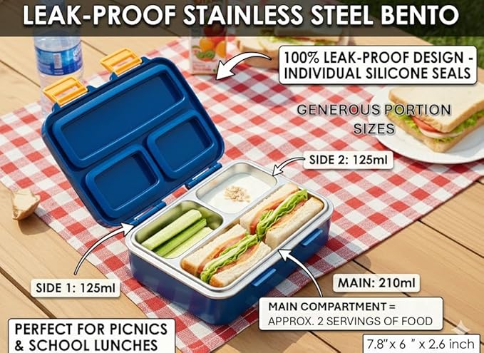 Lonchera Bento para Niños | 3 Compartimentos | Acero Inoxidable | Sin BPA | Diseño Espacial