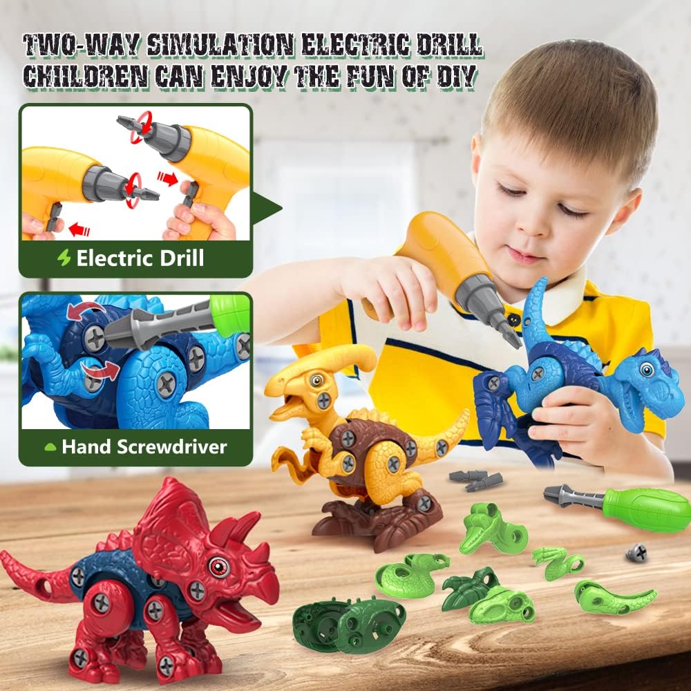 Juguetes de dinosaurio para niños de 3, 4, 5, 6, 7 años, juguetes desmontables con taladro eléctrico para niños, juguete educativo de construcción STEM, regalo ideal de cumpleaños, Navidad, Pascua