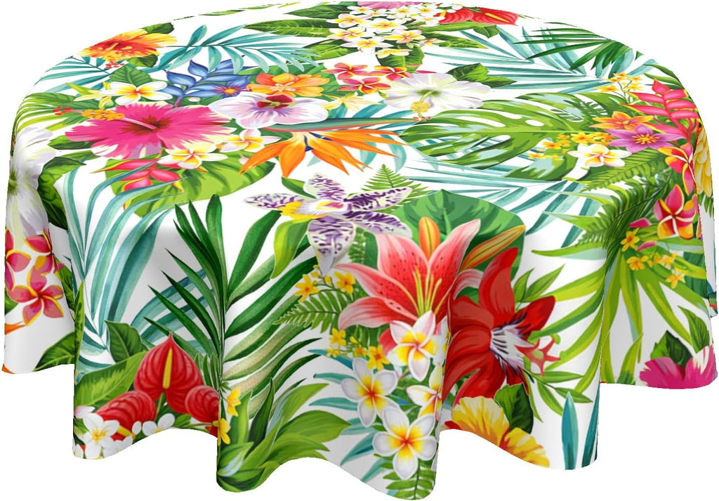 2 UNIDADES-Mantel redondo tropical hawaiano de 178 cm (70 pulgadas) con estampado floral de hojas de palmera e hibisco, mantel circular con estampado de flores de monstera, lavable y reutilizable, de poliéster, ideal para comedor, cocina, fiestas