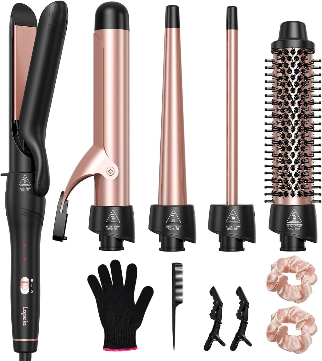 Rizador de pelo 5 en 1 con cepillo térmico y 4 barriles de cerámica intercambiables (1/2 a 1 1/2 pulgada), set de rizador con plancha, calentamiento rápido, rizador de pelo de doble voltaje, regalo para mujeres 