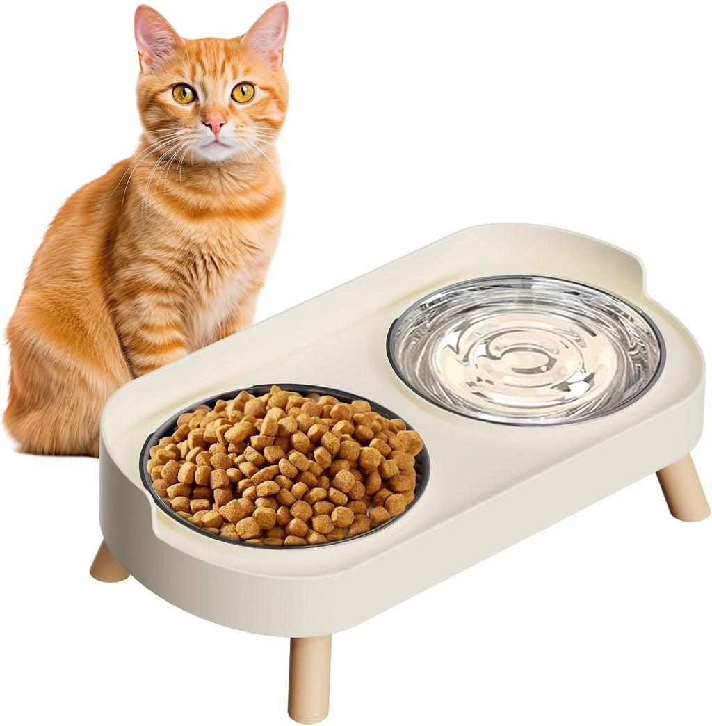 Comedero Gato Elevado Set Comedero Agua Acero Inoxidable 2 Piezas Gatos Perritos Antidesorden Resistente Lavaplatos Blanco