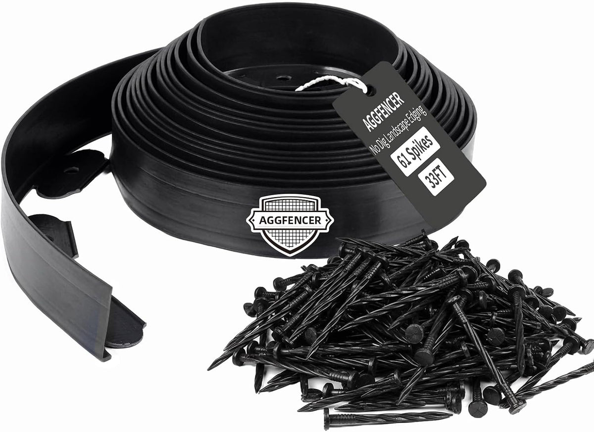 Bordillo paisajístico AggFencer de 5 cm x 10 m, kit de borde para jardín sin excavación con 61 estacas para jardín, parterres, césped, patio y caminos, material PE flexible negro.